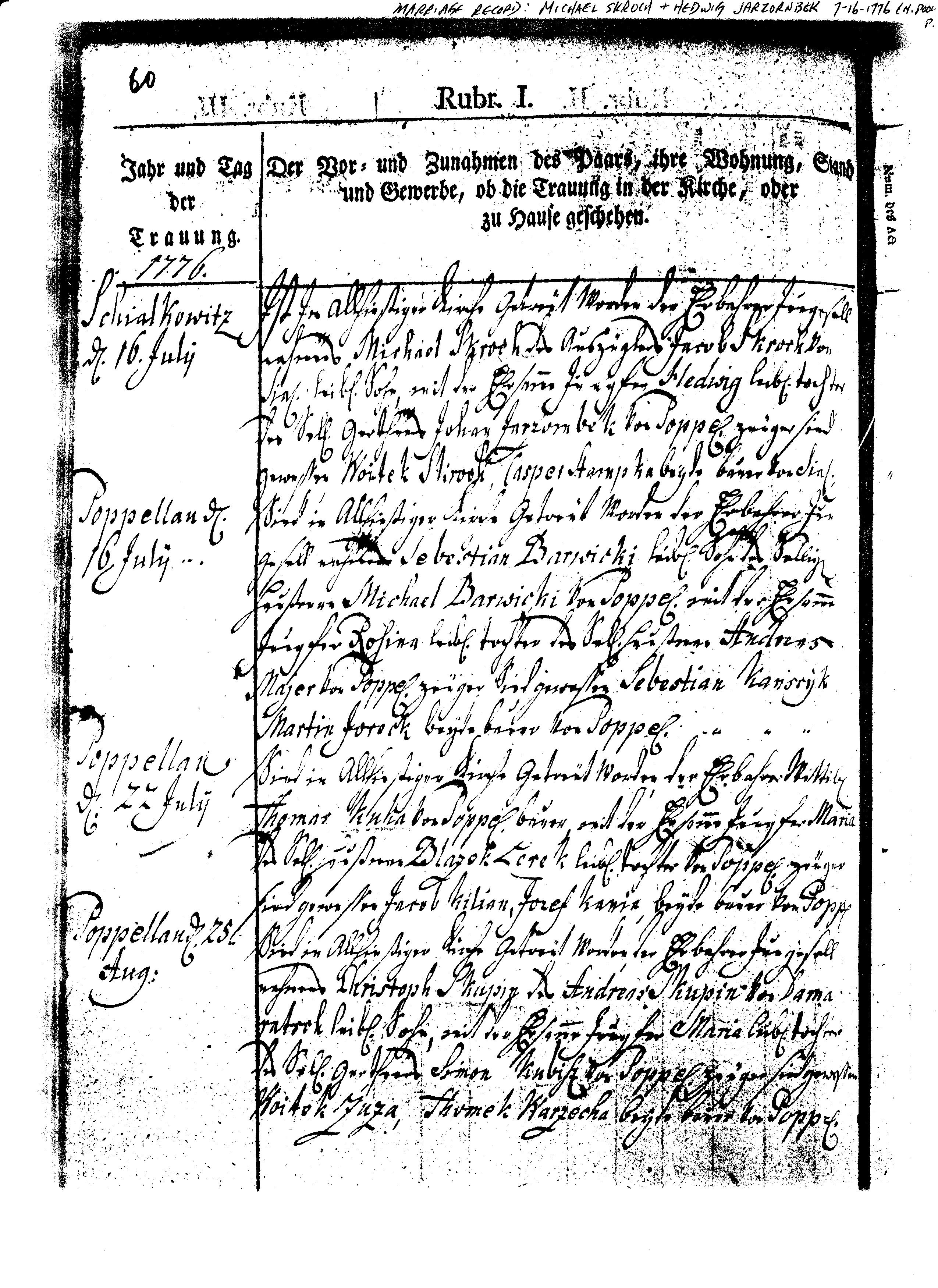 Michael_Skroch and Hedwig Jarzornbek 1776
                    Marriage 1