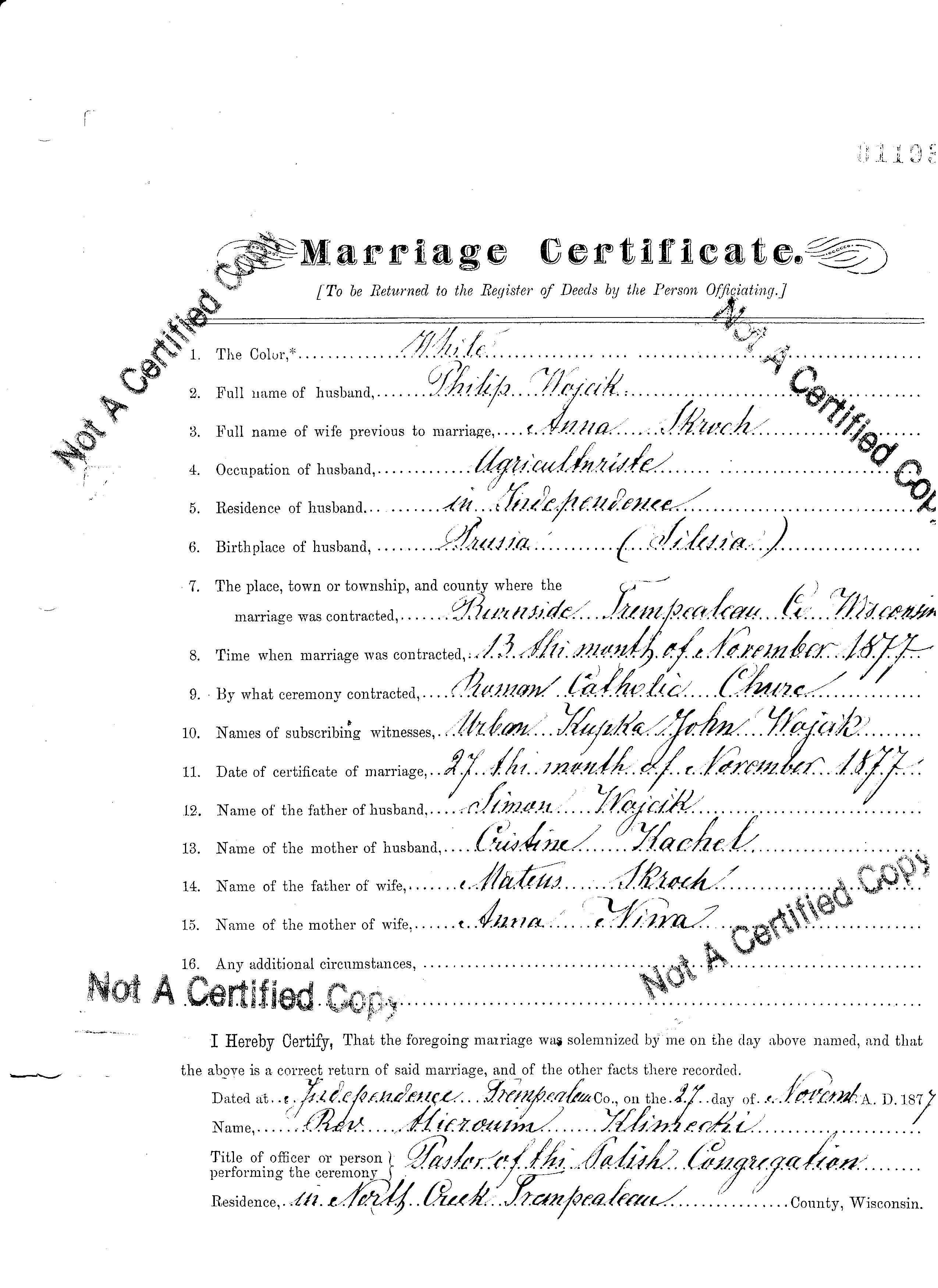 Anna Skroch and Philip Wojcik 1877 Marriage
                    Certificate